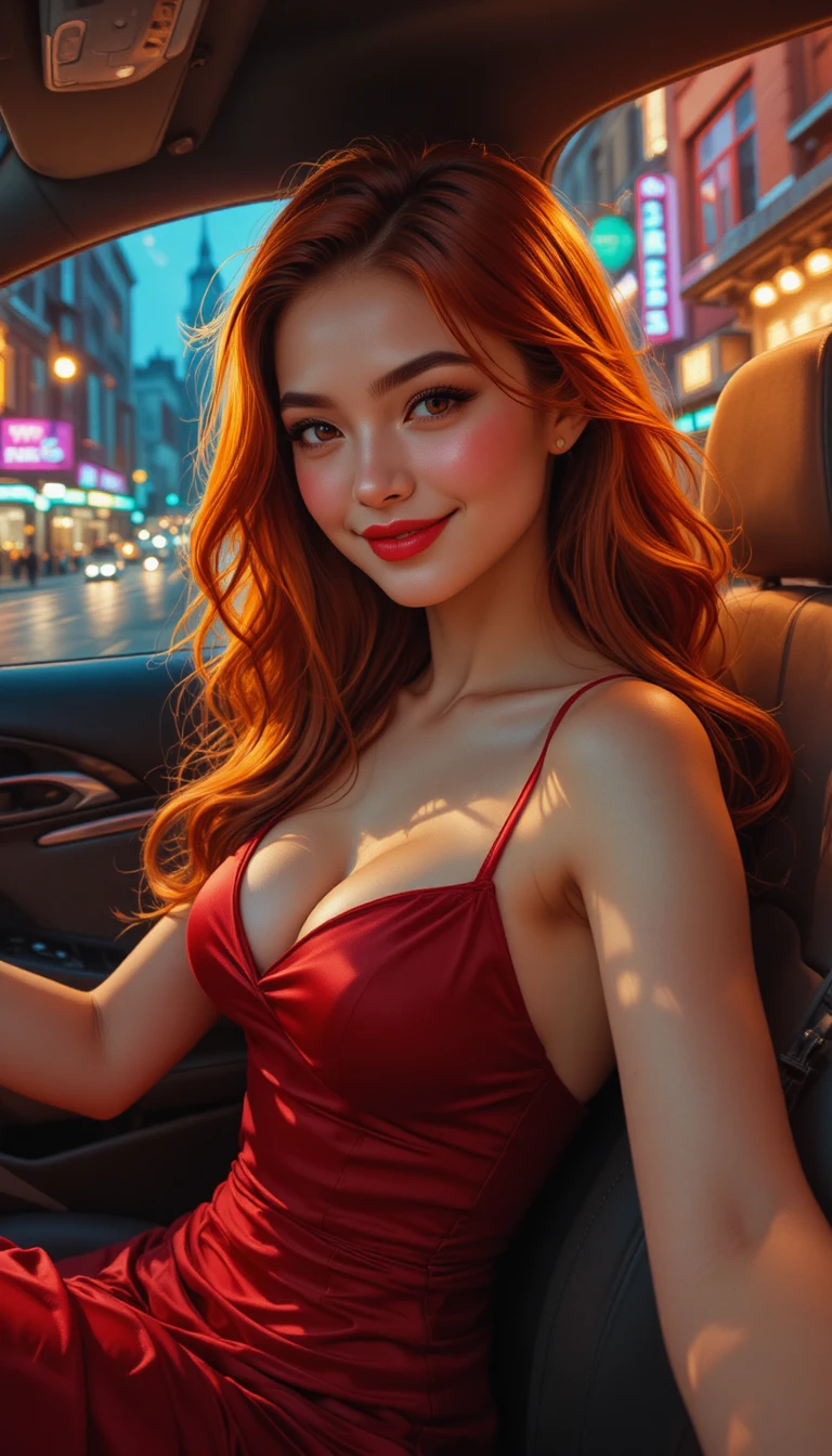 Red haired woman driving through neon lit city