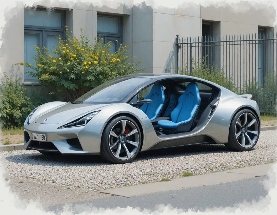Voiture futuriste argentée avec sièges bleus sur parking en gravier