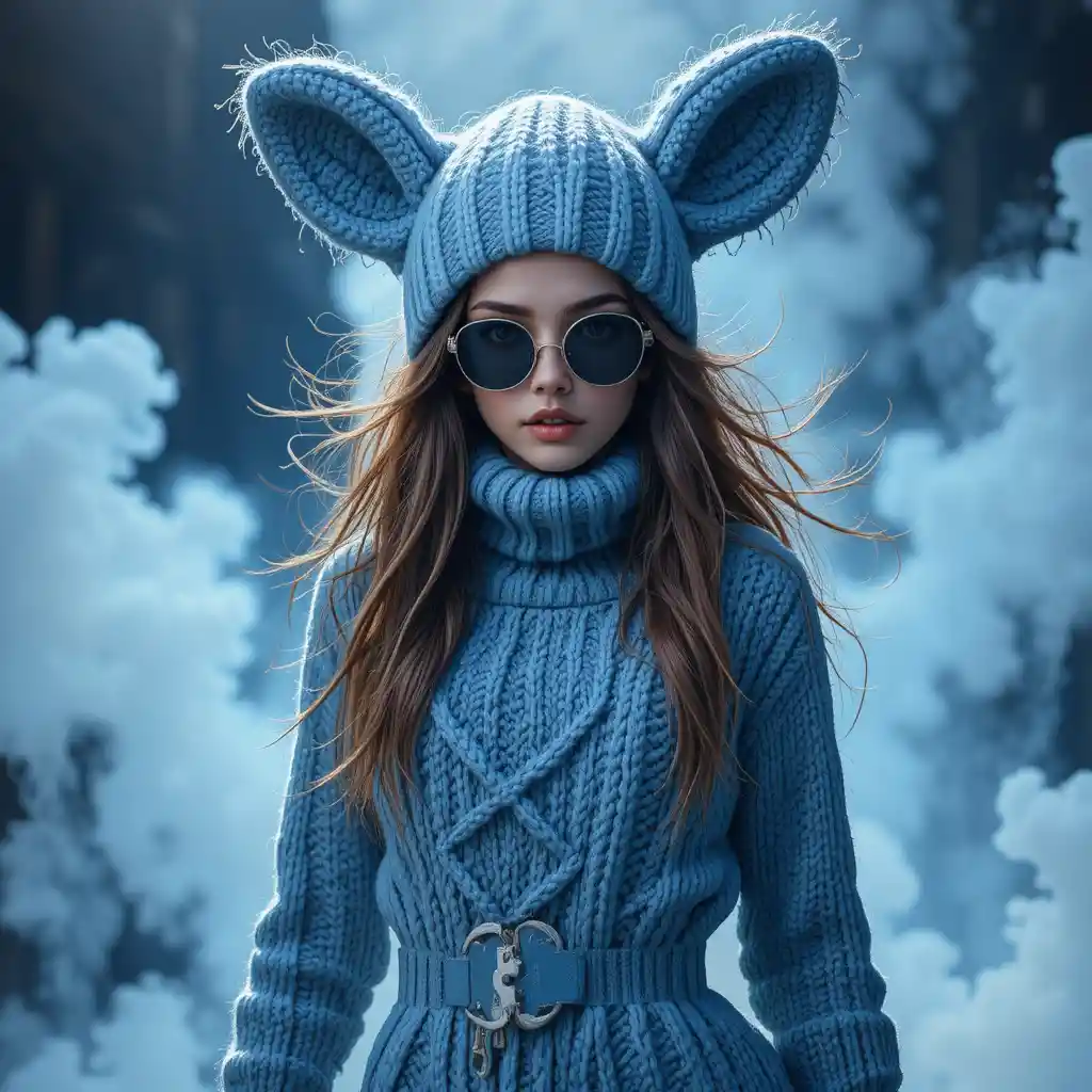 Woman in blue knitted outfit skateboarding through soft blue haze