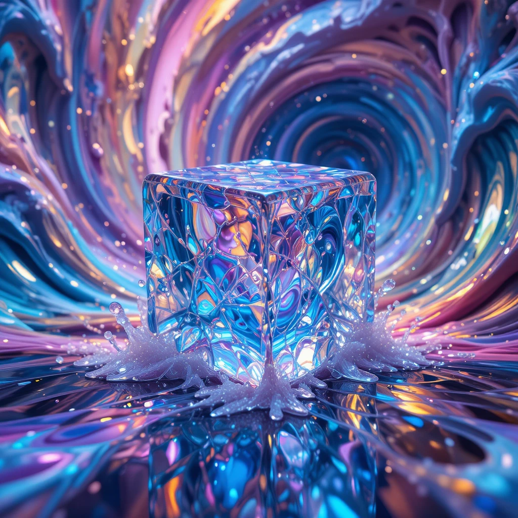 Melting Ice Cube In A Vortex Of Iridescent Color