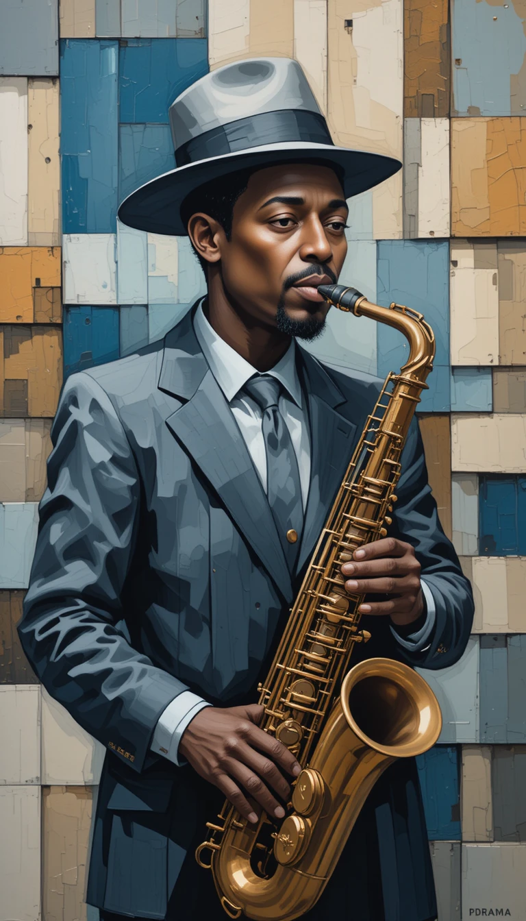 Cubist portrait of a jazz saxophonist in blue gray tones