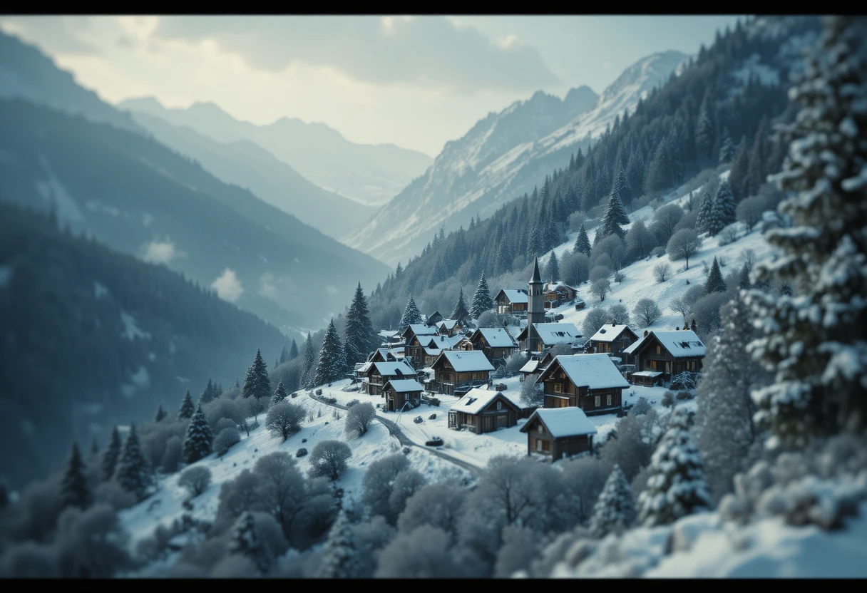 Biglietto d’auguri vettoriale con villaggio di montagna innevato per il 2026