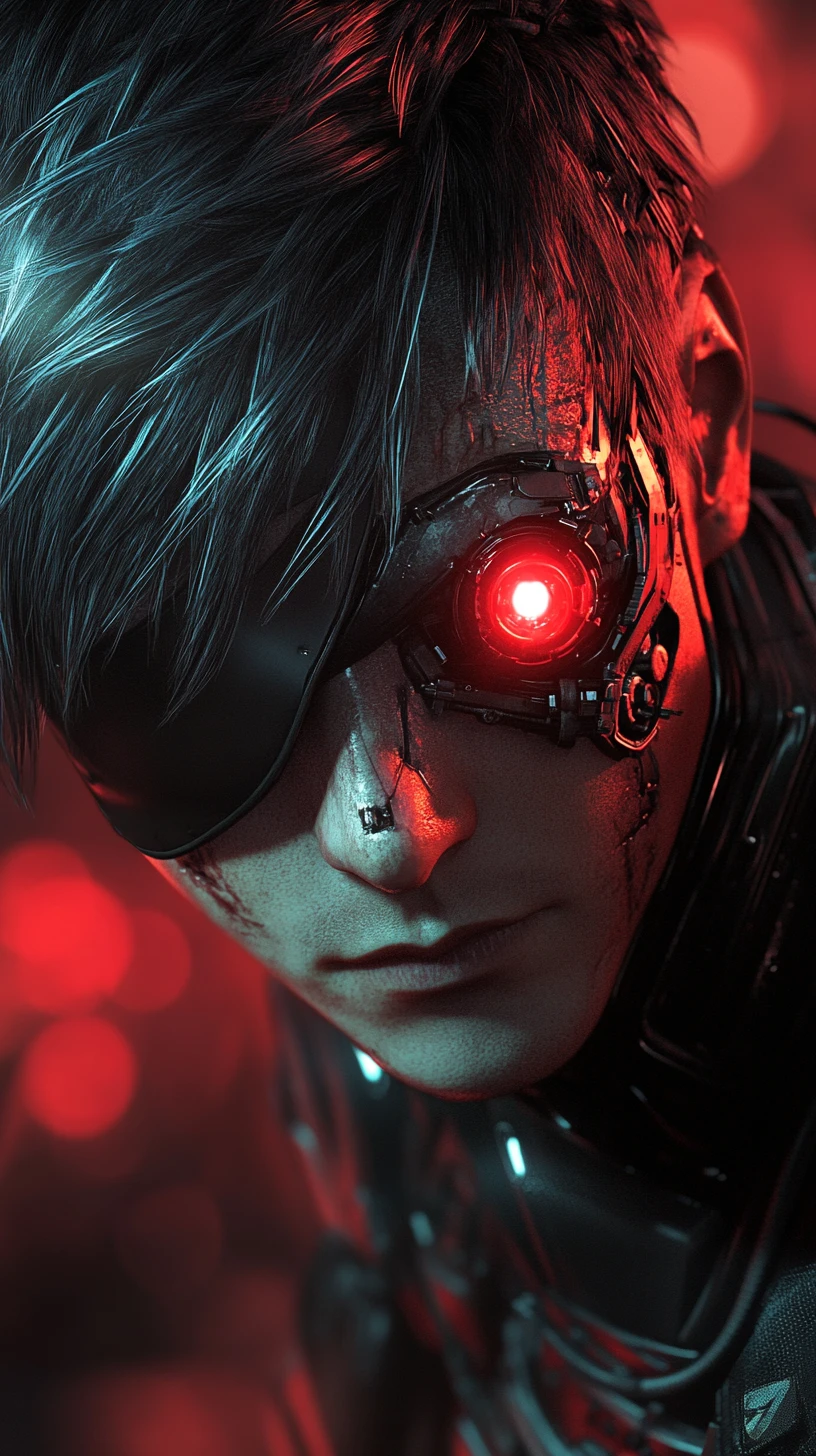 Ritratto di cyborg segnato dalla battaglia con occhio cibernetico rosso luminoso