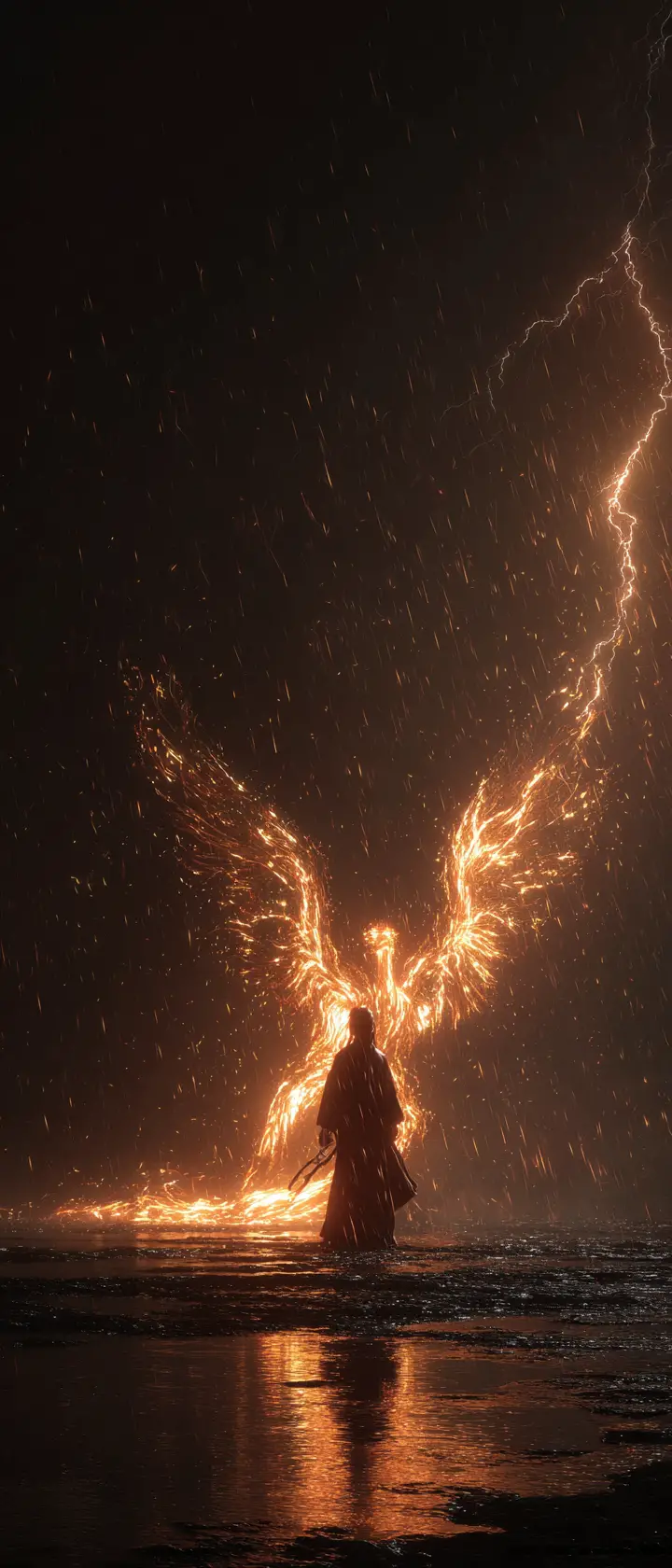 Phoenix rising from ashes in a dramatic thunderstorm sky