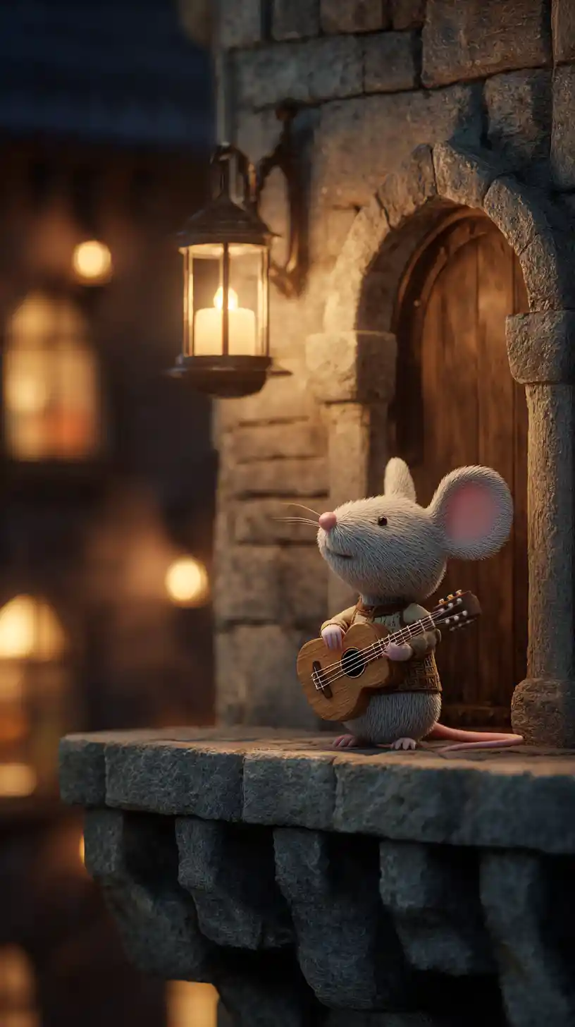 Topolino 3D cartoon in serenata sotto un balcone medievale di pietra
