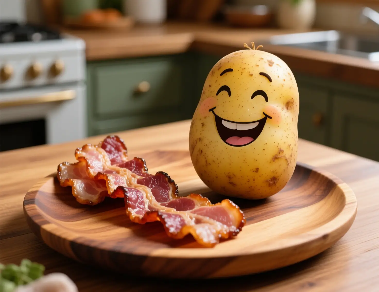 Cheerful bacon and potato still life on wooden plate