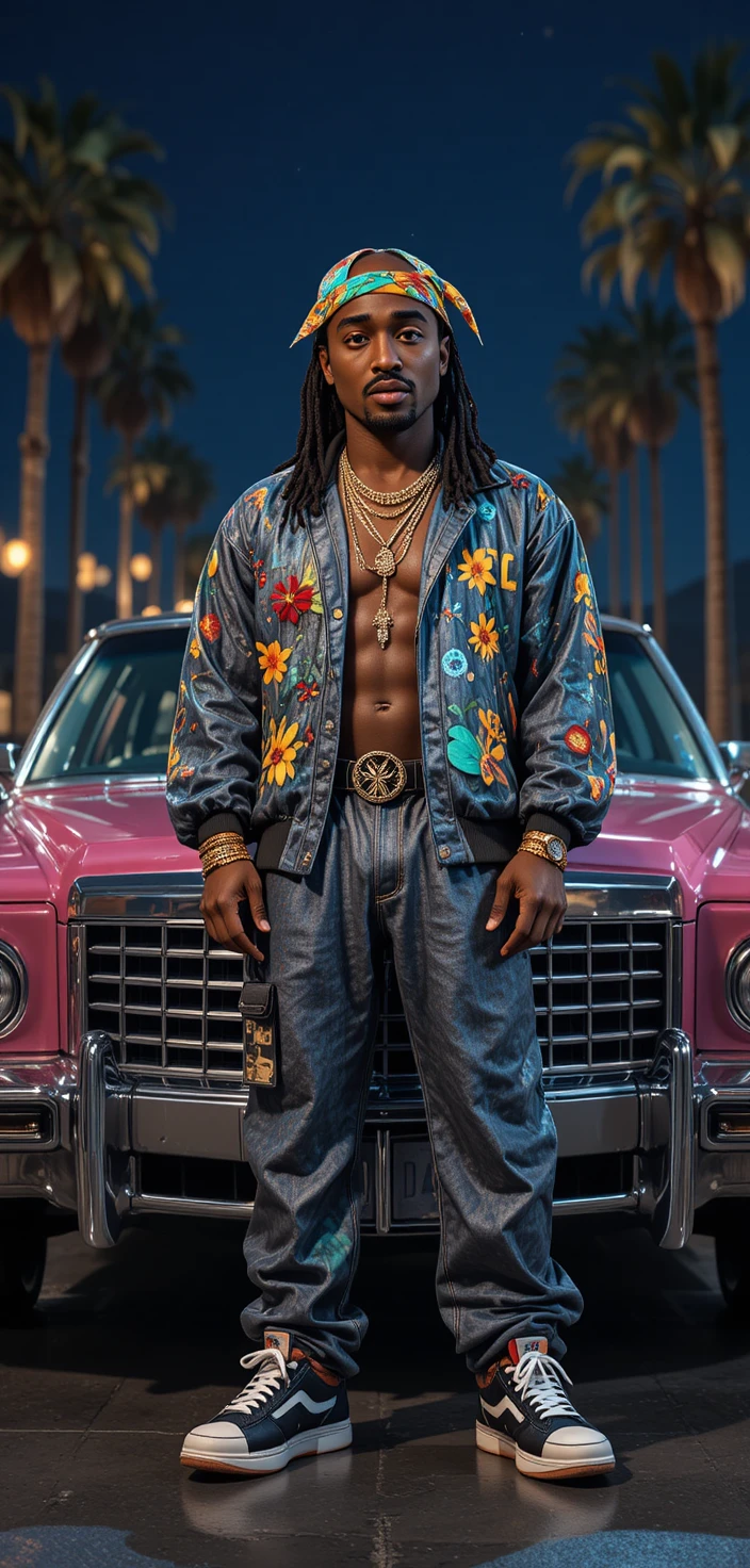 Hip hop man posing beside a shiny studio car
