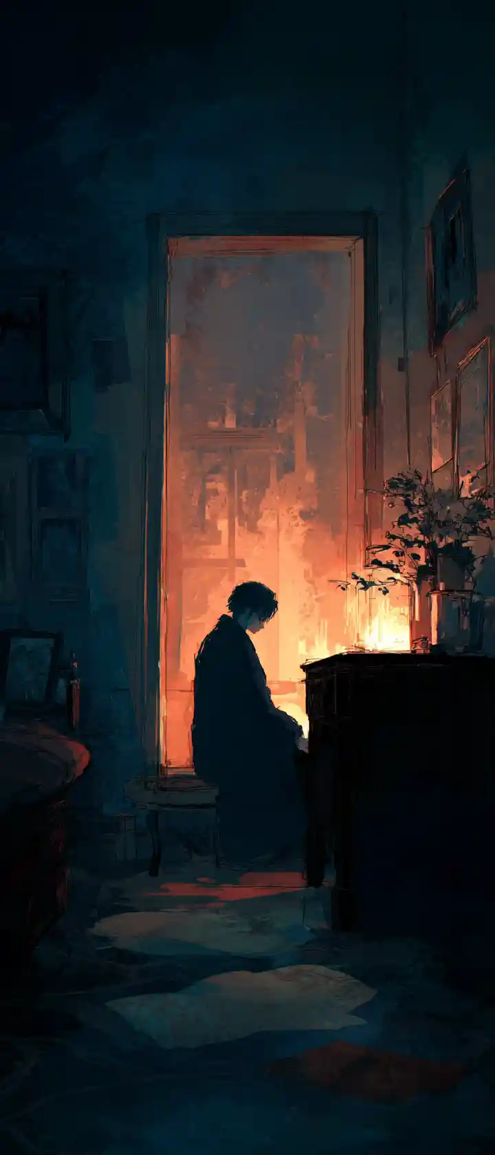 Man staring at an old photograph in a dim room