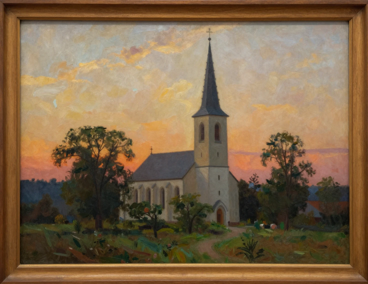 Impressionist painting of a rural church at sunset