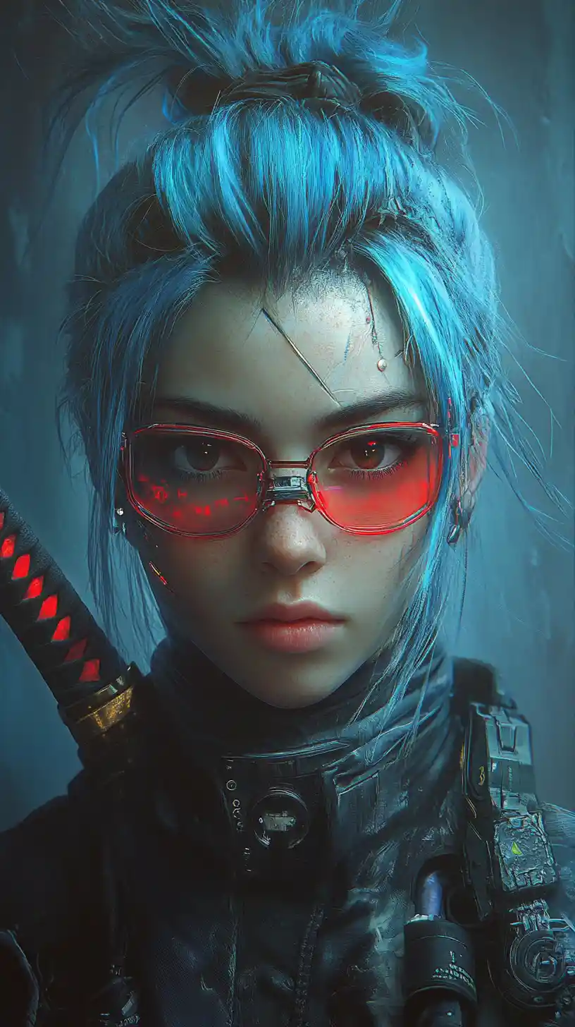 Cyborg warrior woman with blue hair and red glasses