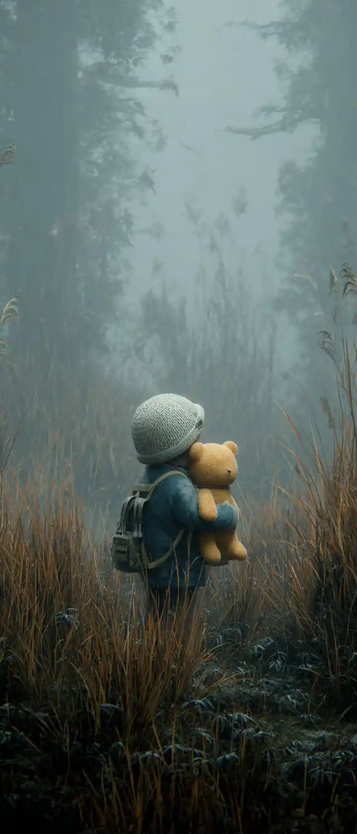 Girl Hugging A Teddy Bear In A Foggy Forest