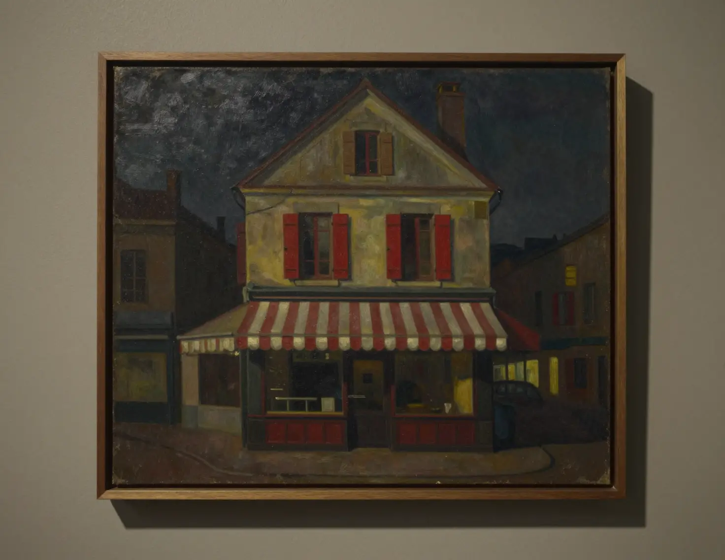 Framed painting of a nostalgic storefront at night