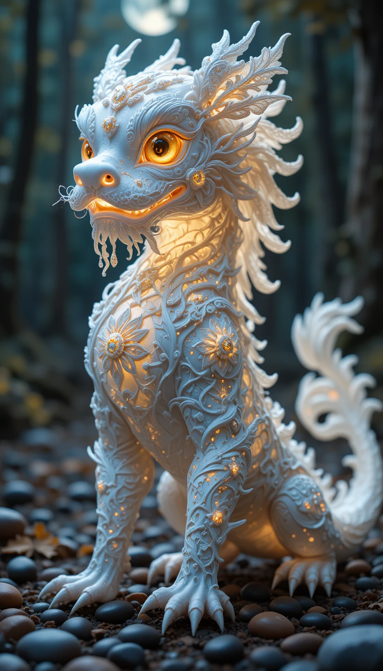 Glowing Ceramic Dragon Spirit On Pebbled Forest Floor