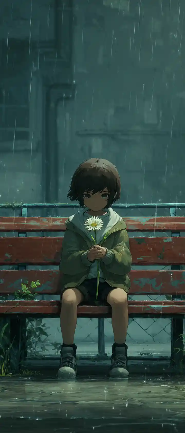 Sad child on a rainy bench holding a wilted flower