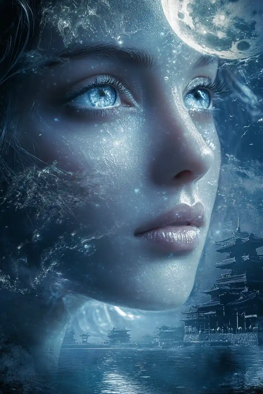 Cinematic Portrait Of Lunar Goddess Over Silver City Skyline