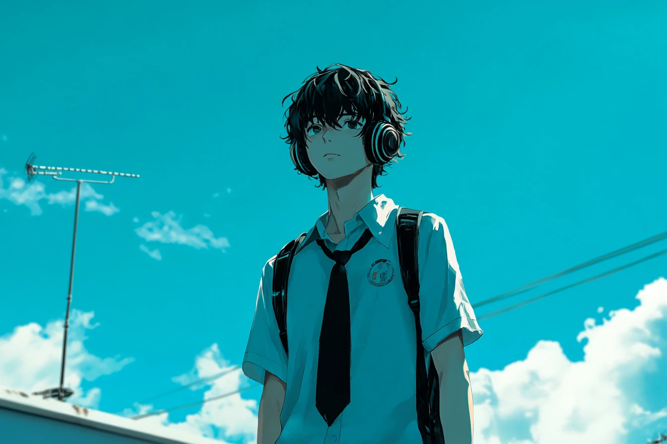 夏のまぶしい日差しの下、学校の屋上に立つアニメ少年