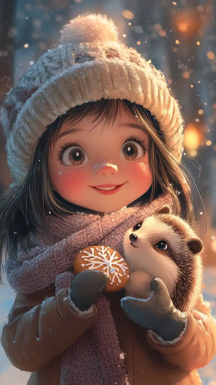 Lächelndes Wintermädchen mit Keks und Igelbegleiter