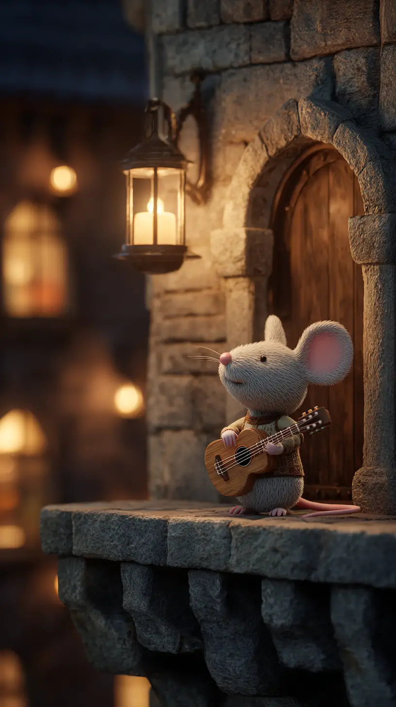 3d cartoon mouse serenade under a medieval stone balcony