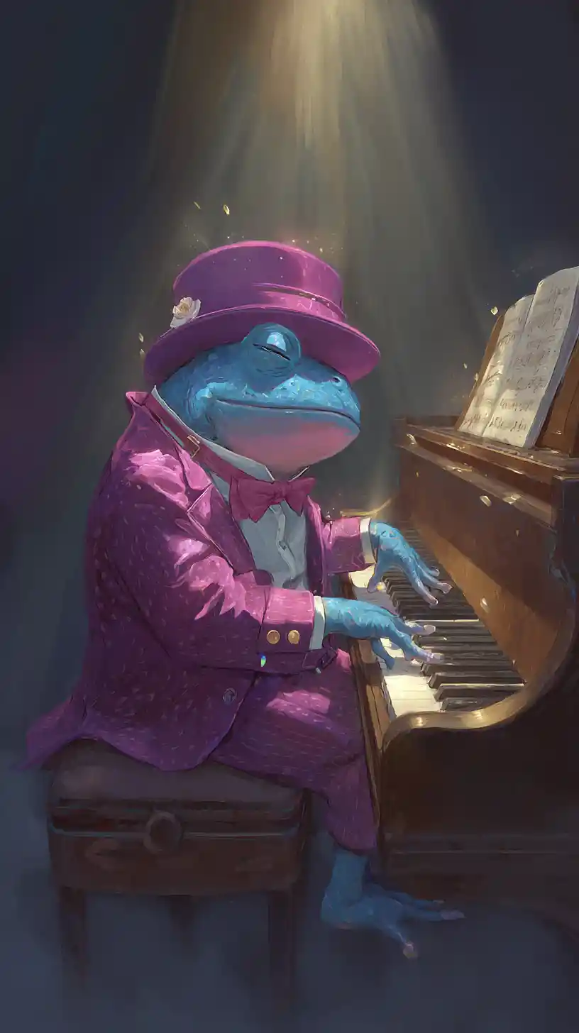 Anthropomorphic blue toad in a magenta suit playing piano