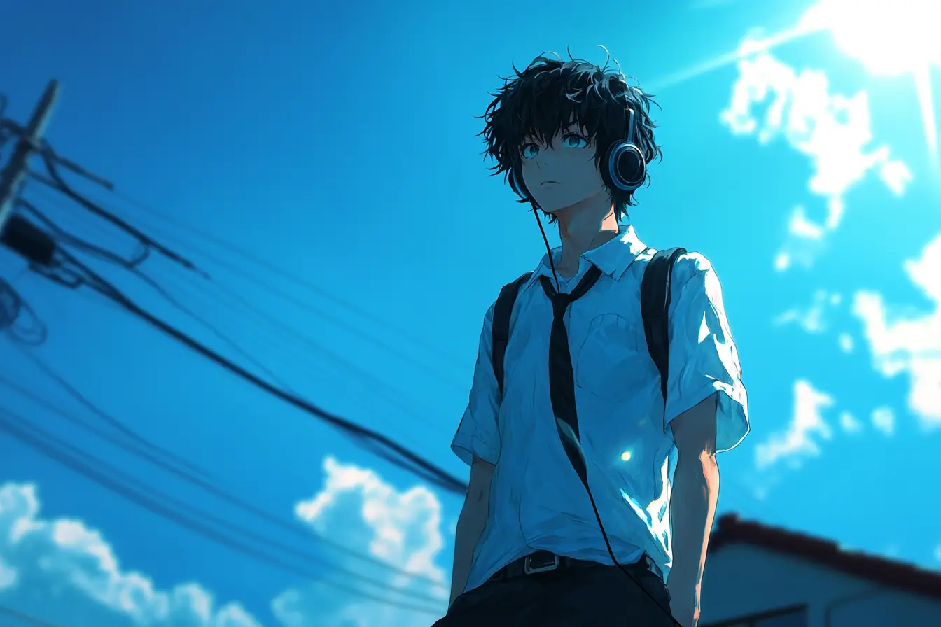 Anime boy on school rooftop under bright summer sky