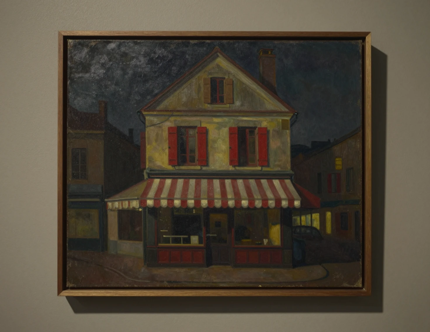 Framed painting of a nostalgic storefront at night