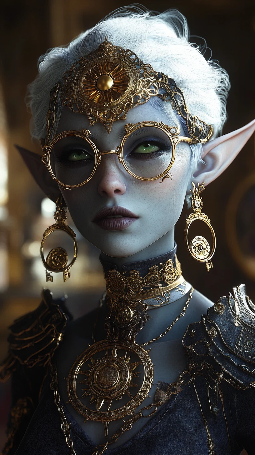 Dark elf woman with celestial gold jewelry and glasses