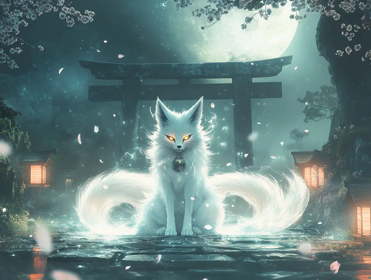 Mystical Nine Tailed Kitsune Under Enchanted Moonlight