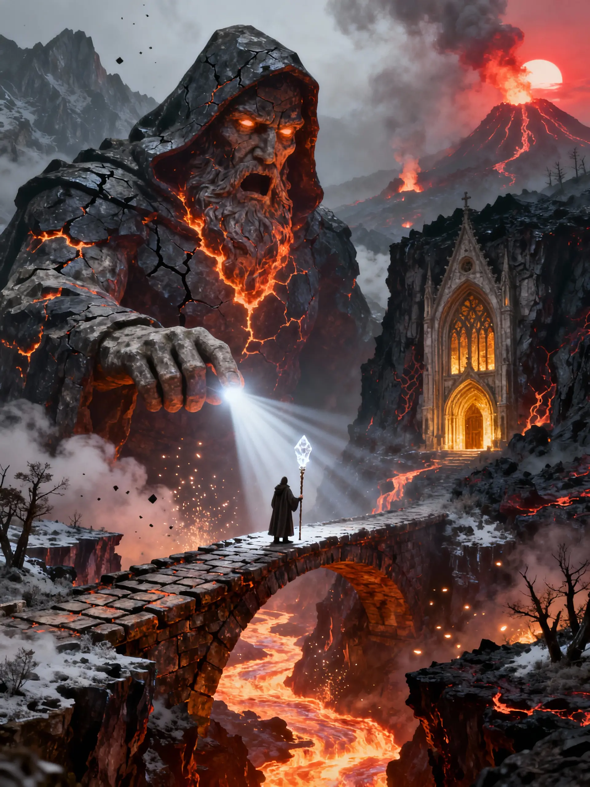 Colossal Stone Giant Guarding A Lava Bridge