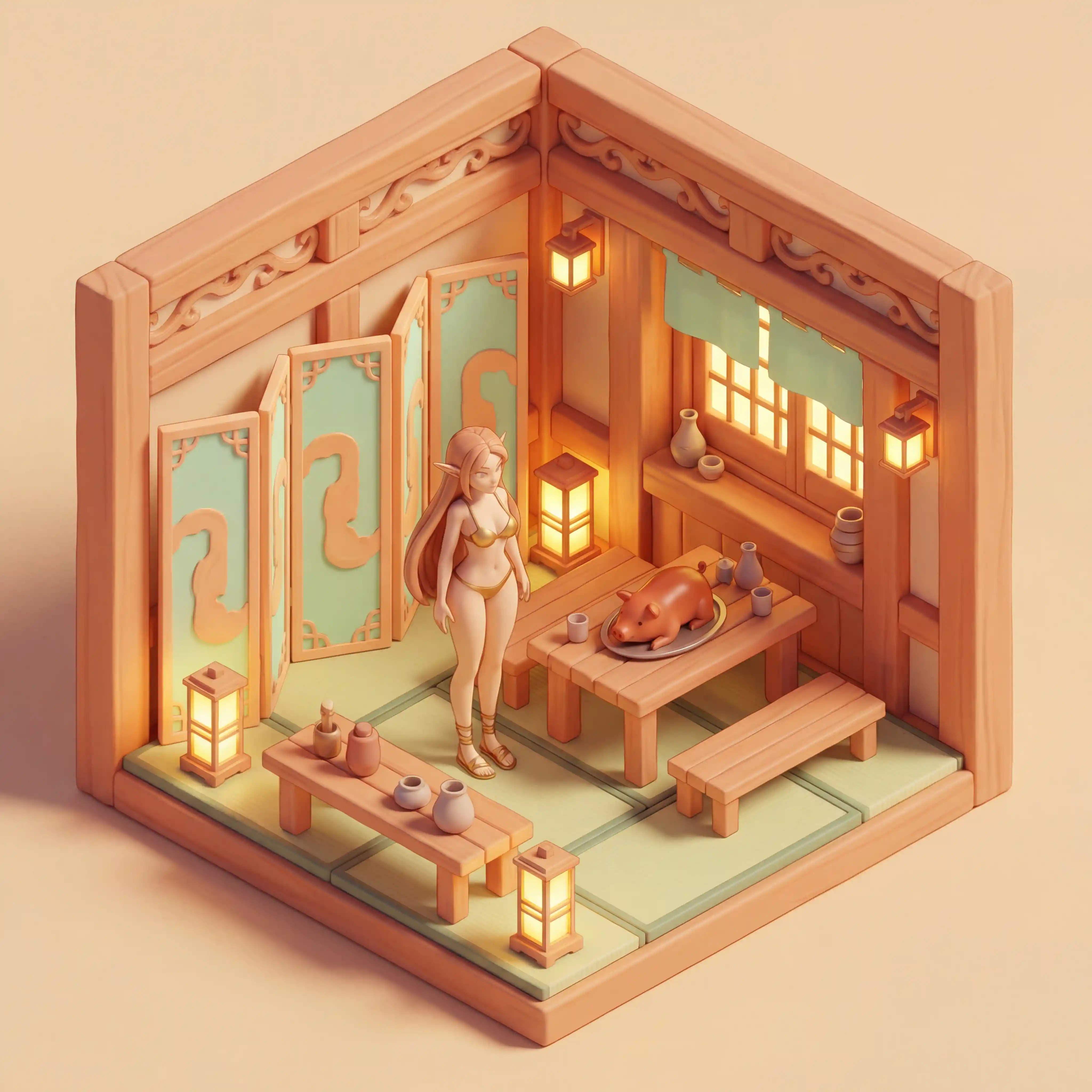 Elf maiden miniature in a Japanese tavern interior