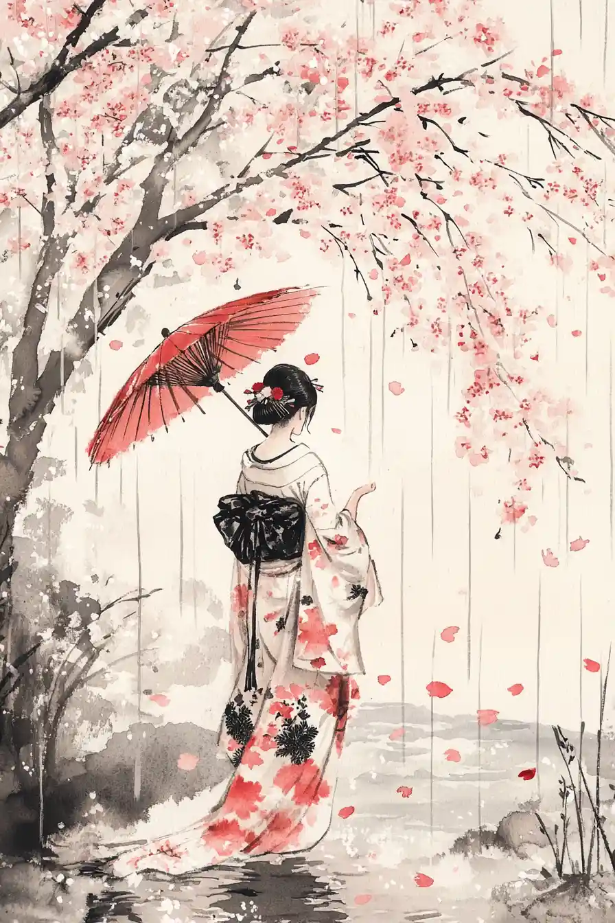 Japanische Frau im Kimono zwischen Kirschblüten im Regen