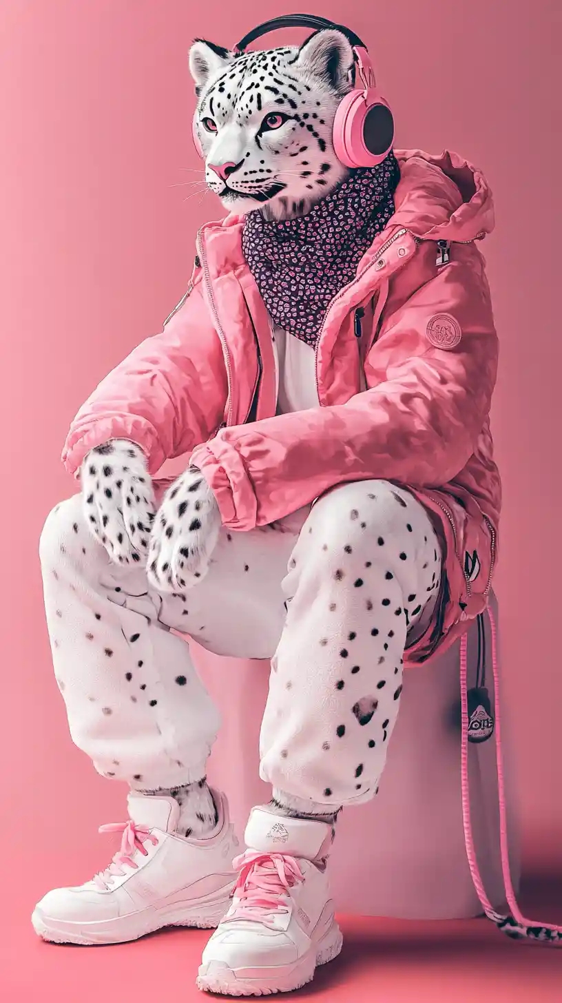 Anthropomorphic snow leopard in pink streetwear sitting relaxed