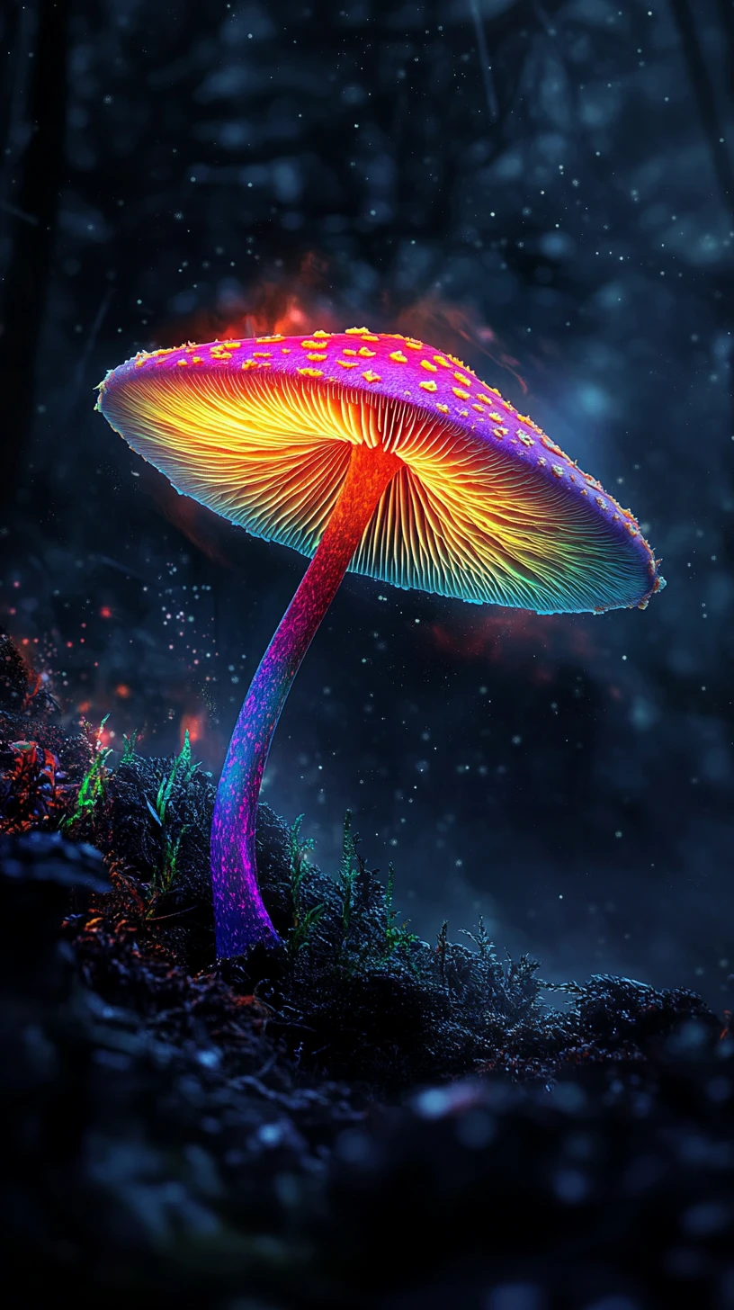 Neon fantasy mushroom rising from a dark forest