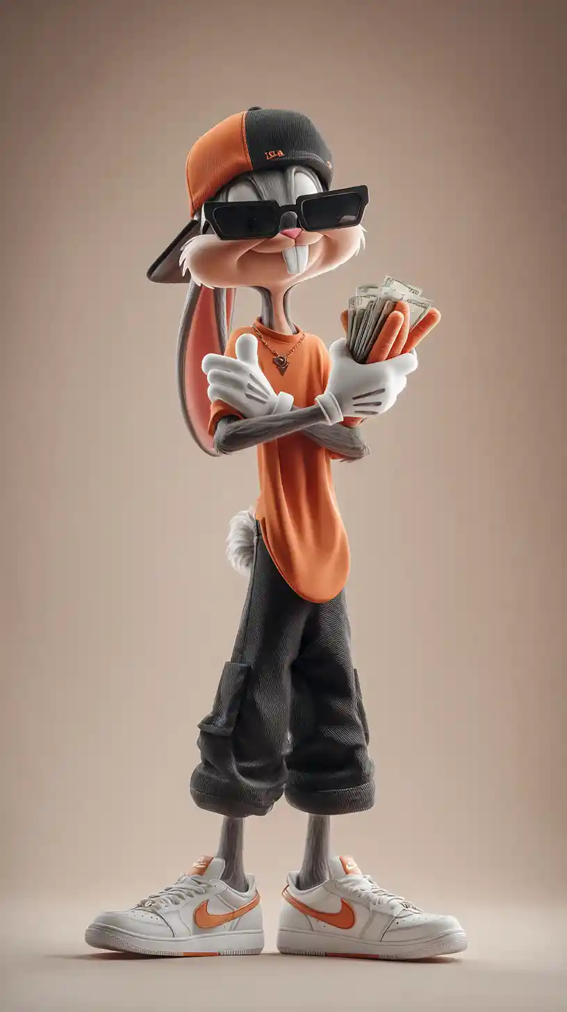 3D cartoon rabbit in streetwear holding carrot money
