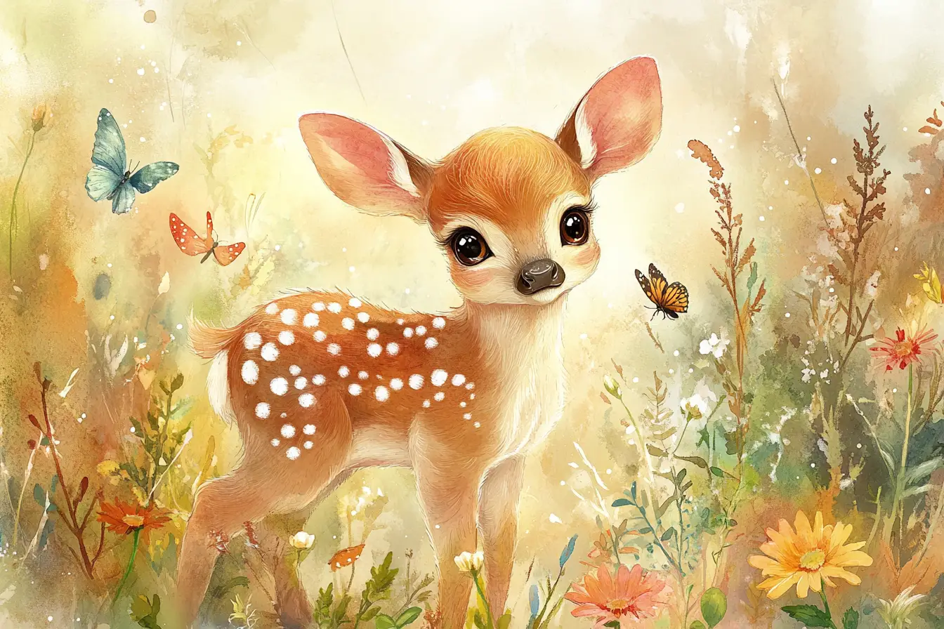 Whimsical baby deer in a sunny watercolor meadow