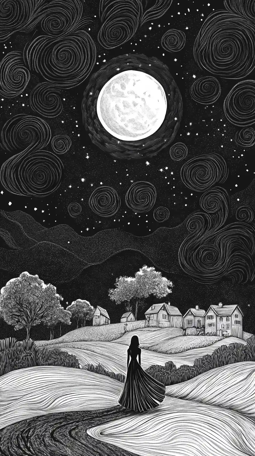 Fairy Walking Under Moonlit Sky In Ink Fantasy Landscape
