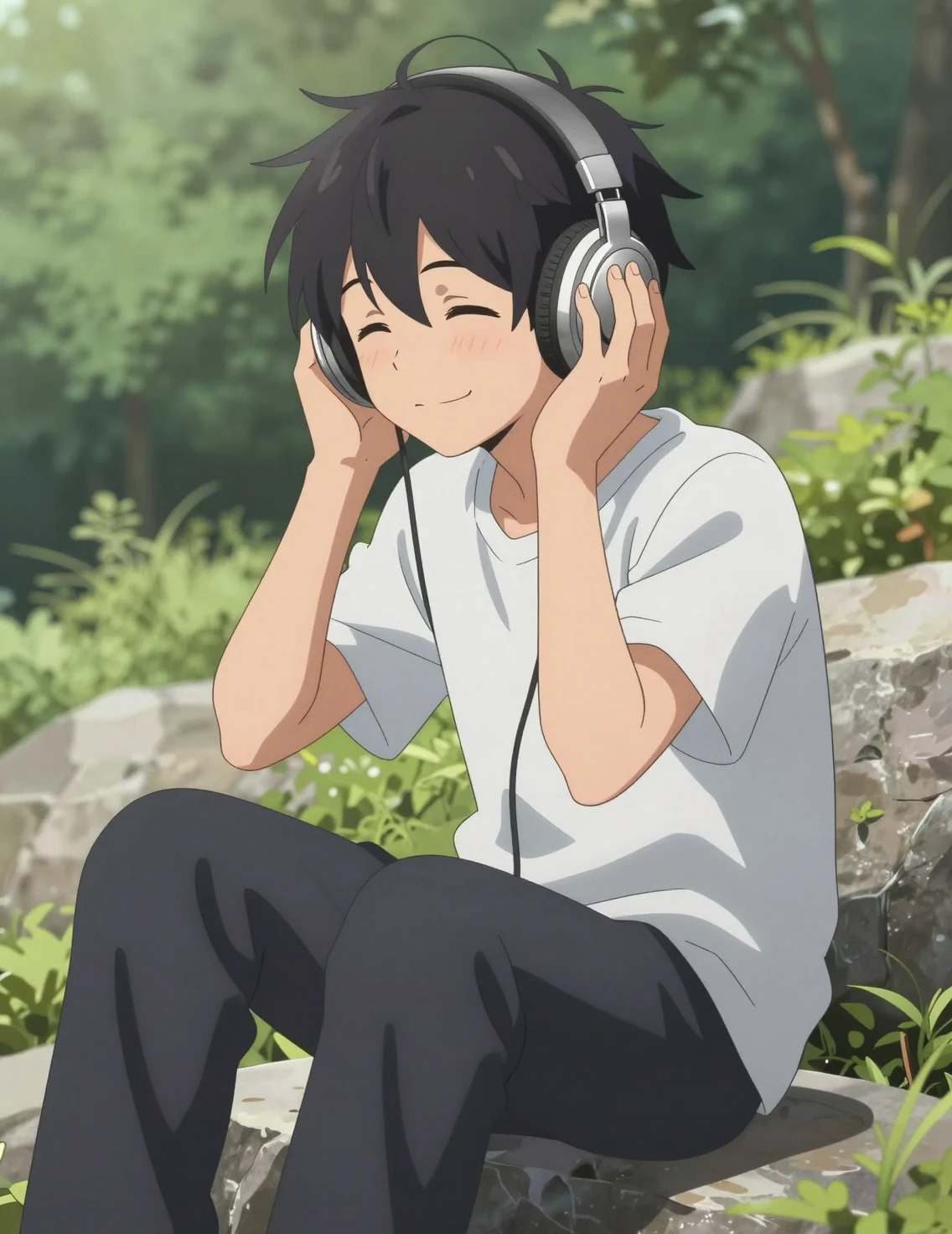 屋外の岩に座るヘッドホンをしたアニメ少年