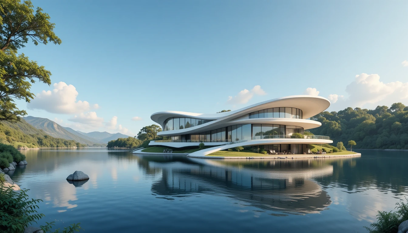 Futuristic villa floating above a tranquil green lake