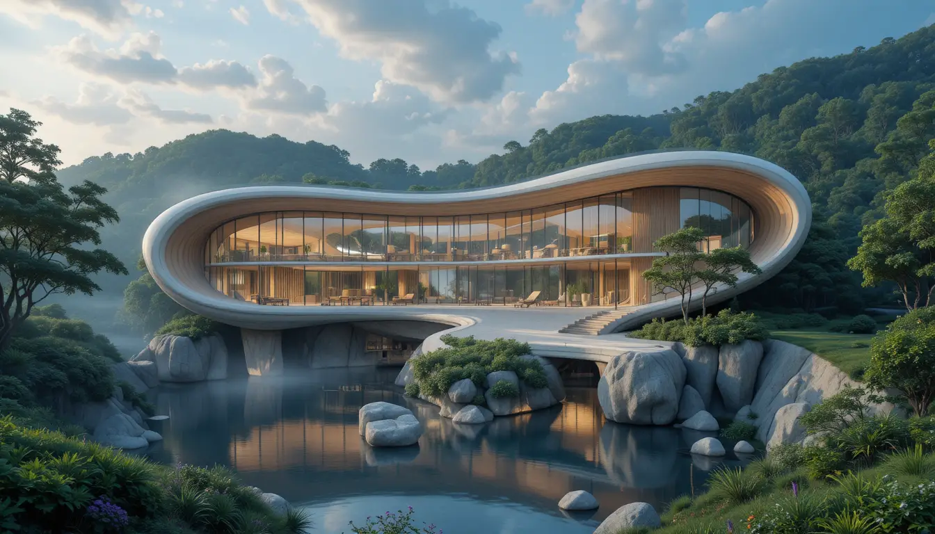 Futuristische Architektur im Einklang mit einer ruhigen Naturlandschaft