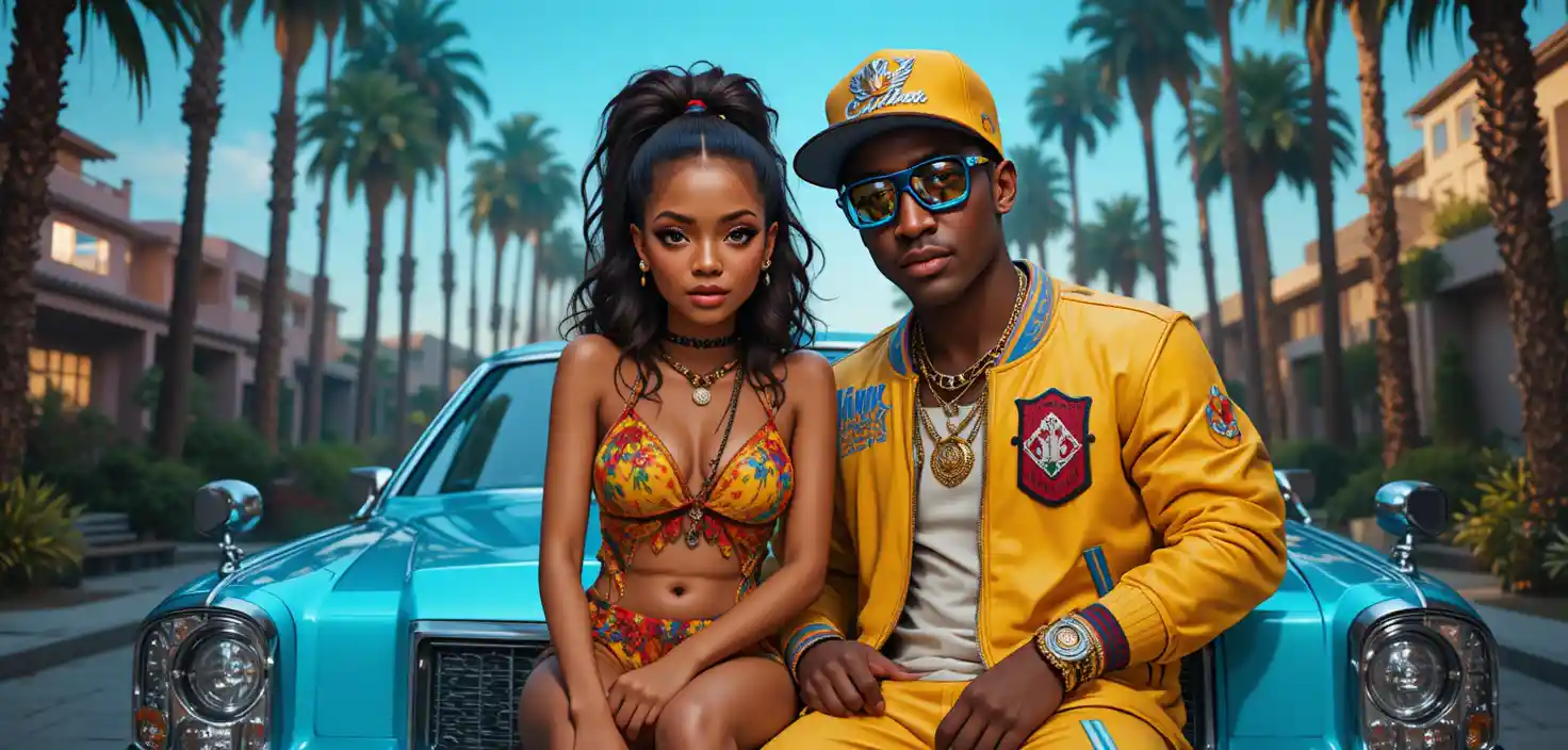 Stylized man and woman in hip hop studio fashion portrait