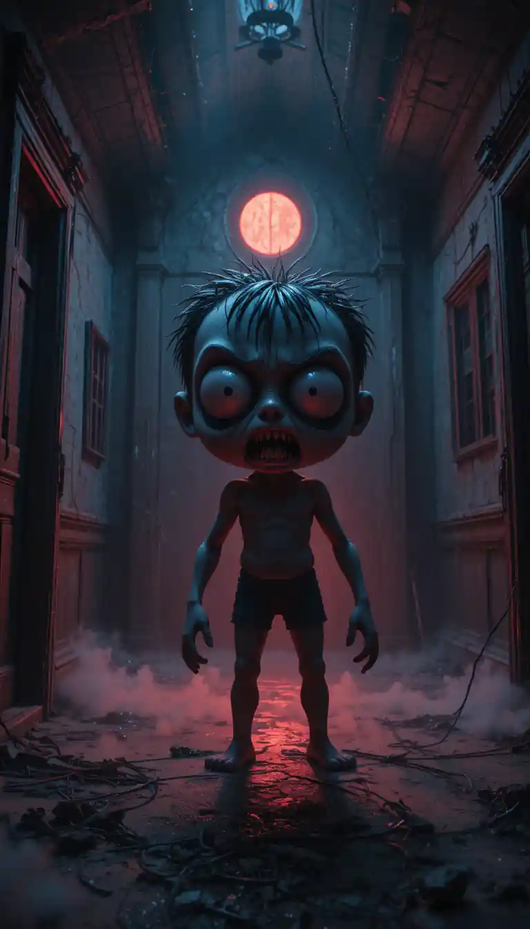 Terrified cartoon figure in a haunted abandoned house