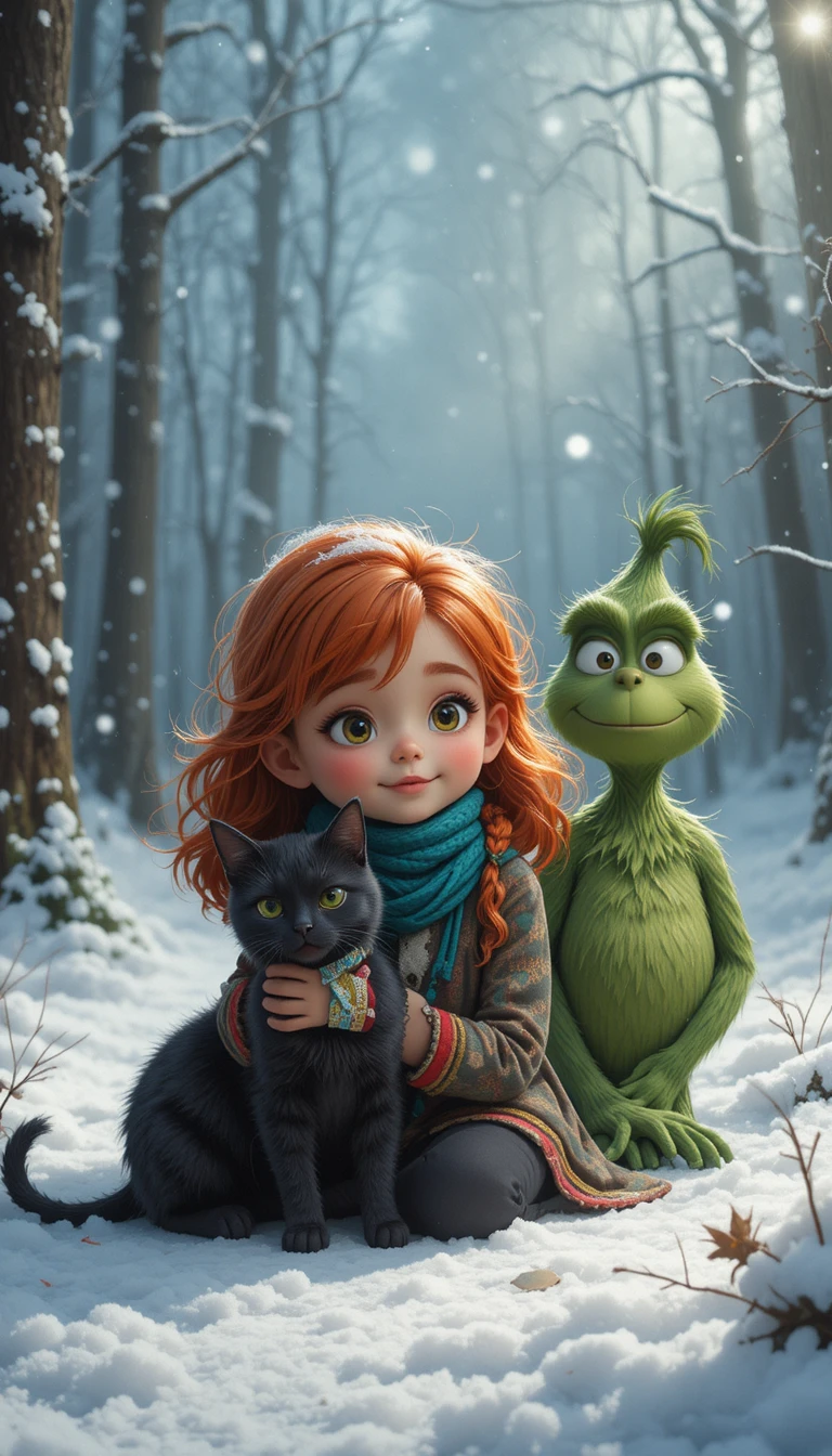 Cute red haired girl with cat and grinch in snowy forest