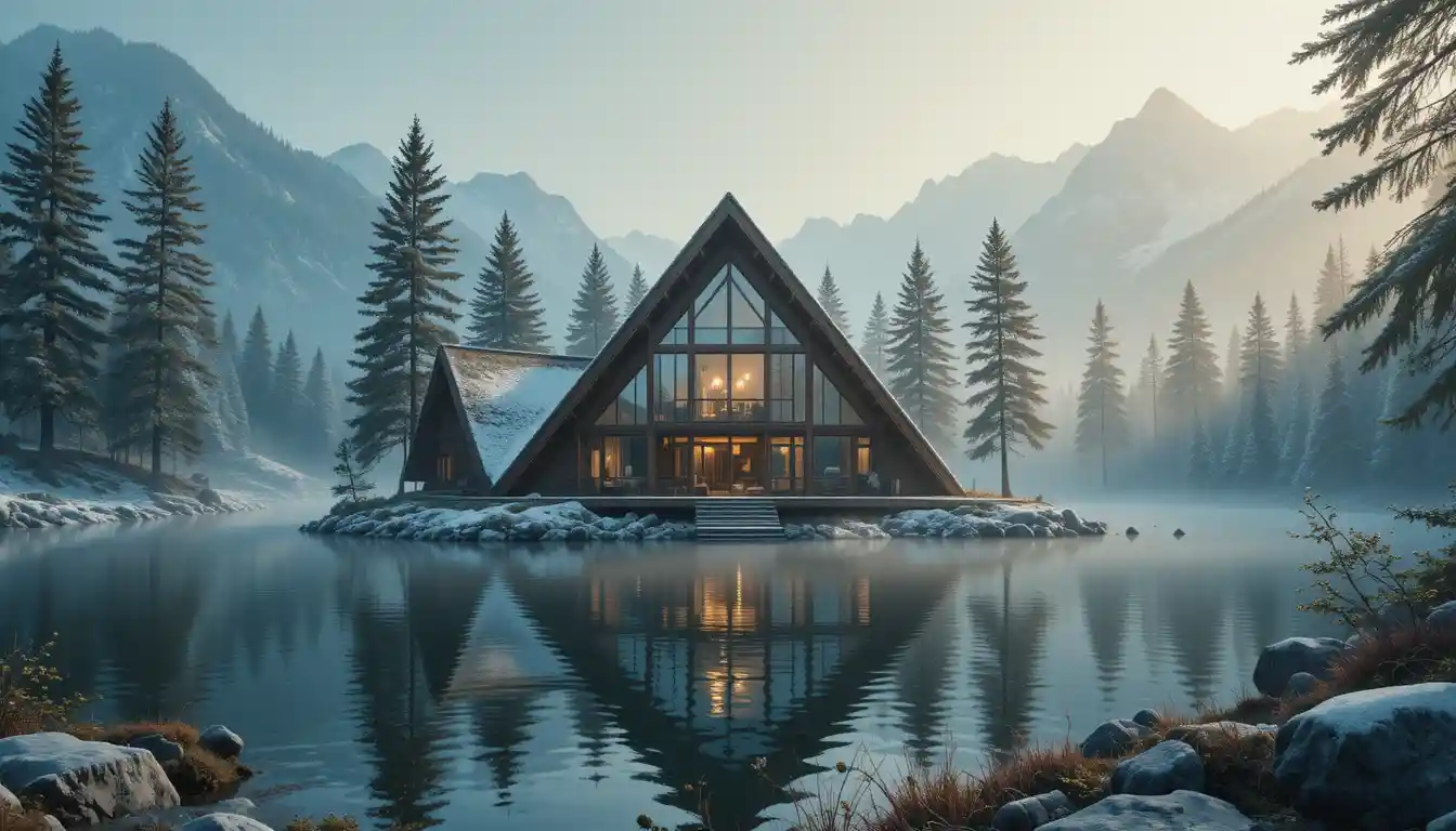 Skandinavisches Holzhaus am See im sanften Morgenlicht