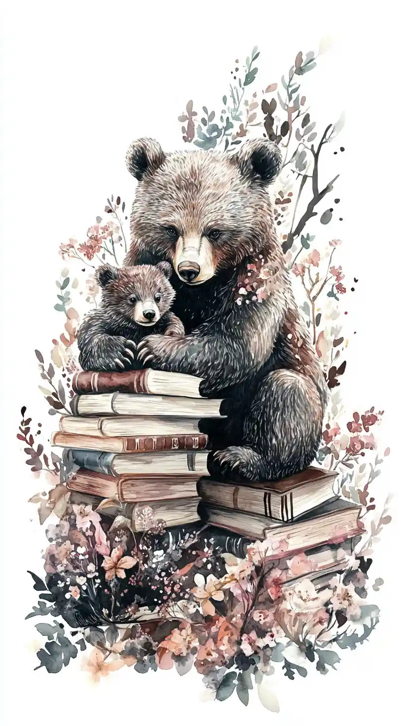 Ursa em aquarela com filhote ao lado de livros em fundo branco