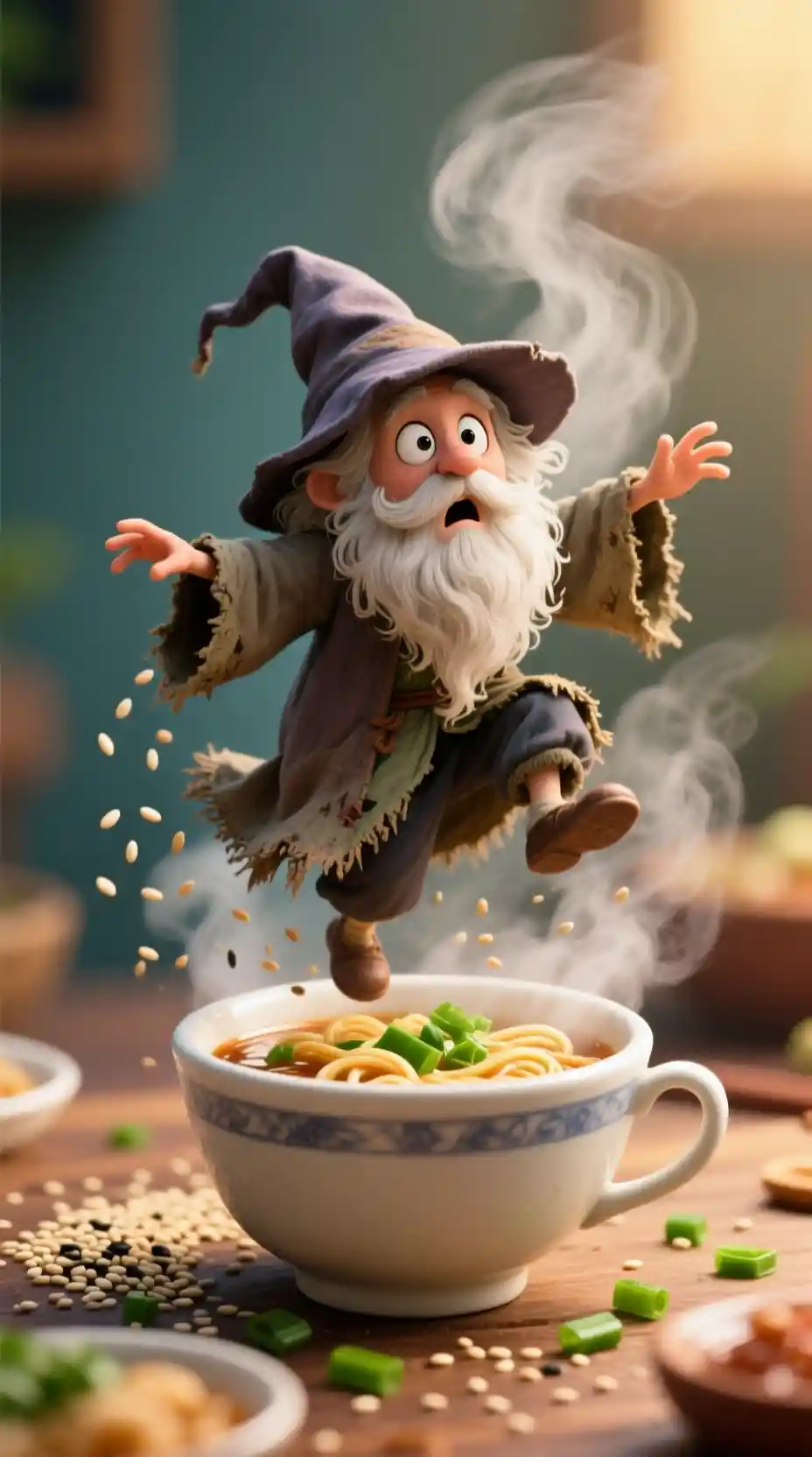 Tiny wizard stumbling inside a steaming ramen bowl