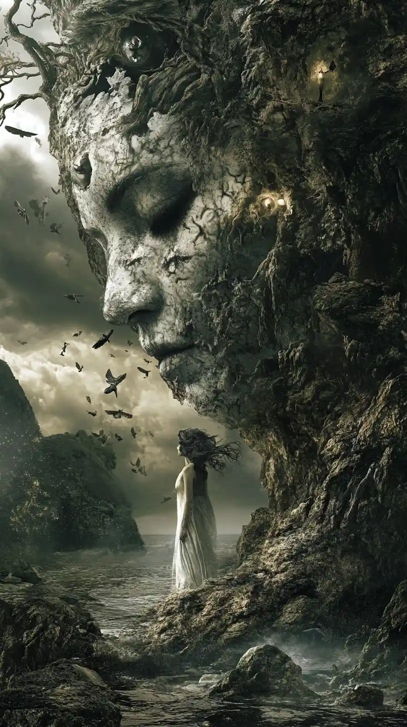 Surreal dark fantasy illusion blending happy and sad emotions