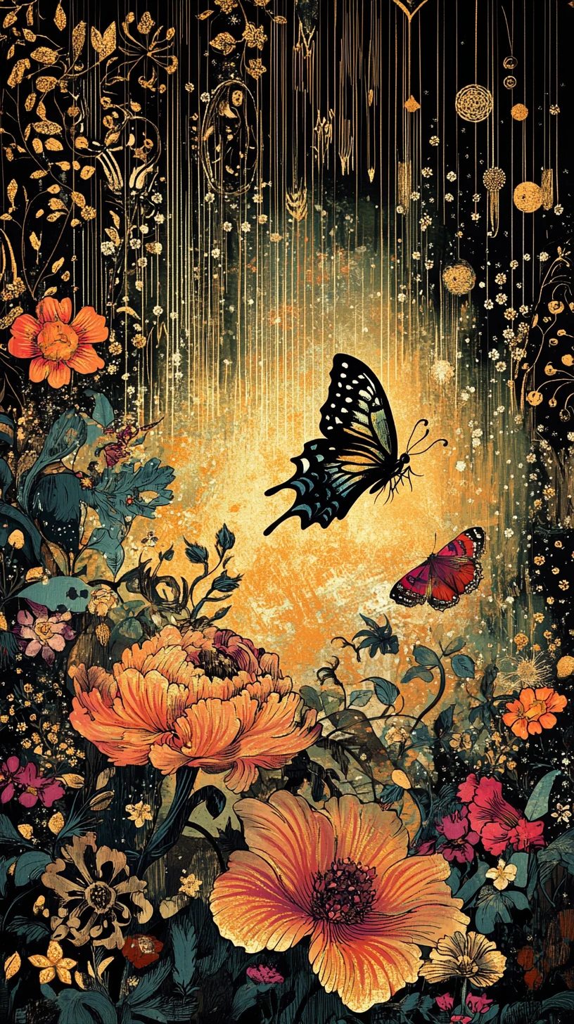 Silhouetten von Blumen und Schmetterling im Goldenen-Schnitt-Abstraktdesign