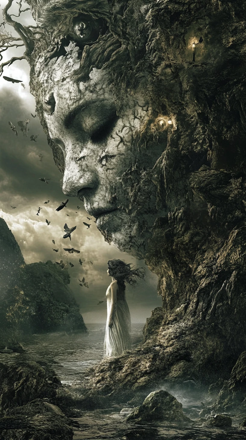 Surreal dark fantasy illusion blending happy and sad emotions