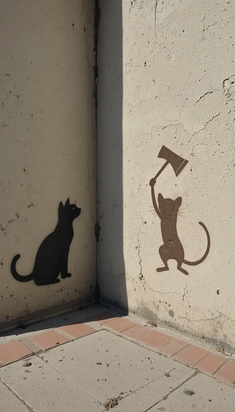 Gato negro juguetón en una esquina de la calle con sombras dramáticas