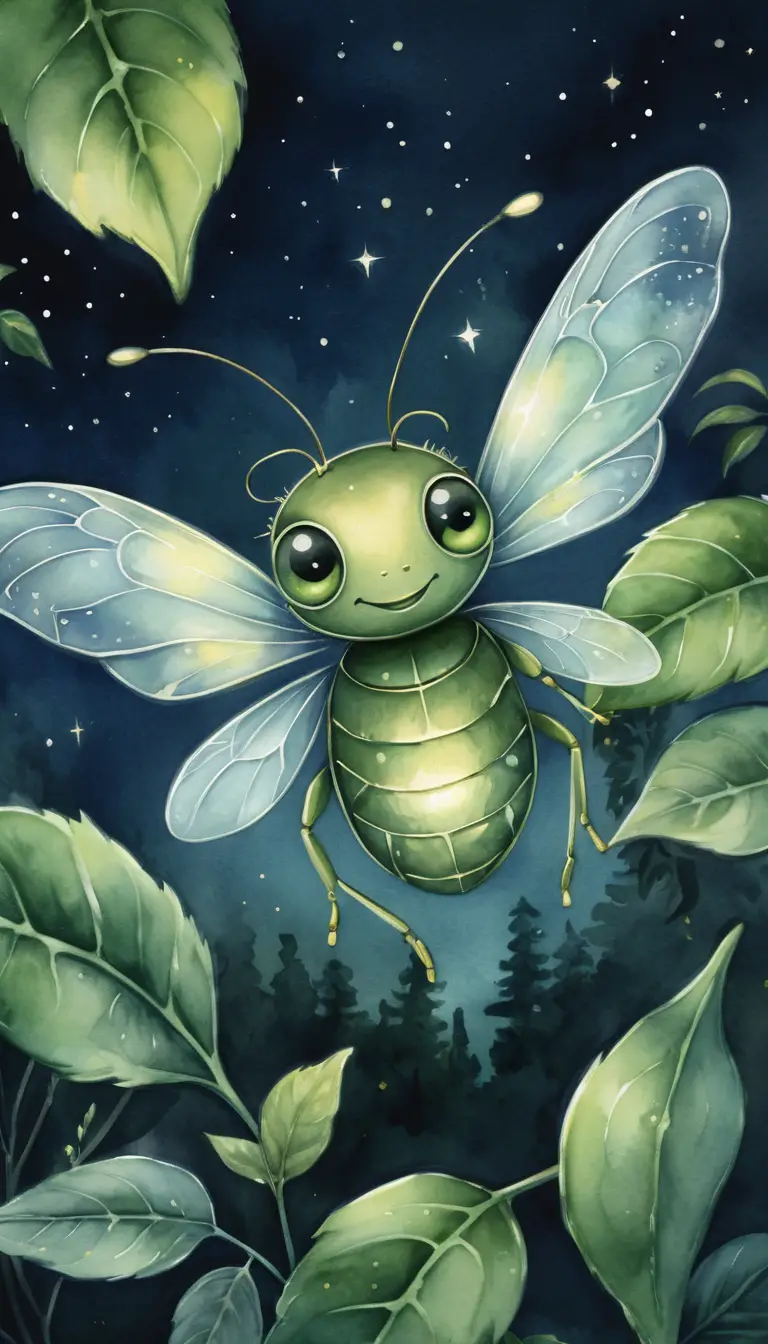 Smiling firefly with green eyes in a dreamy night forest