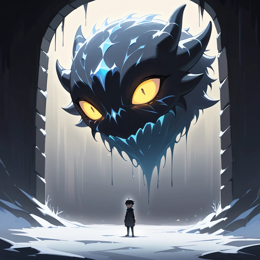 Terrified boy facing a grotesque creature in darkness